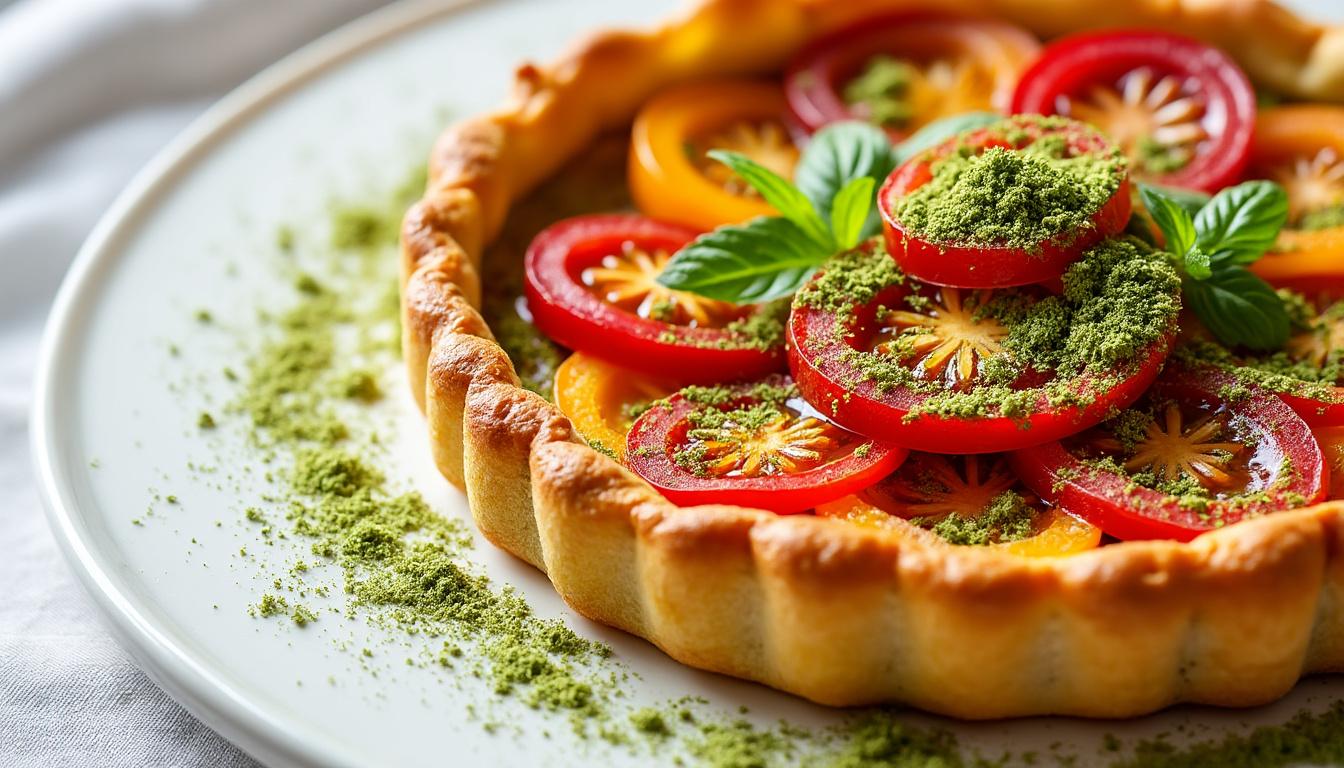 découvrez la tarte tatin tomate claire au matcha, une alliance originale de saveurs sucrées-salées et subtiles notes de thé vert. laissez-vous séduire par cette recette raffinée et surprenante, idéale pour impressionner vos invités !
