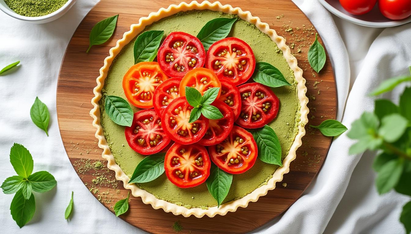 découvrez la tarte tatin tomate claire au matcha : une alliance surprenante entre douceur de la tomate, gourmandise caramélisée et la touche raffinée du matcha pour éveiller vos papilles. idéale pour étonner vos convives !