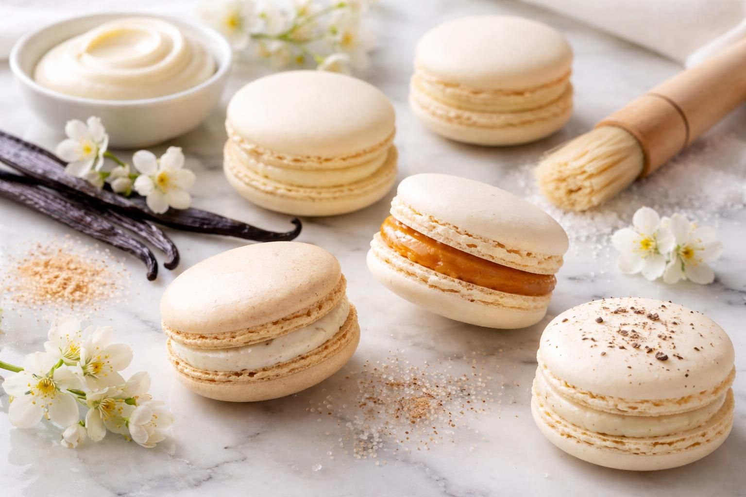 découvrez nos innovations en pâtisserie avec des variations créatives de ganache à la vanille, spécialement conçues pour sublimer vos macarons.