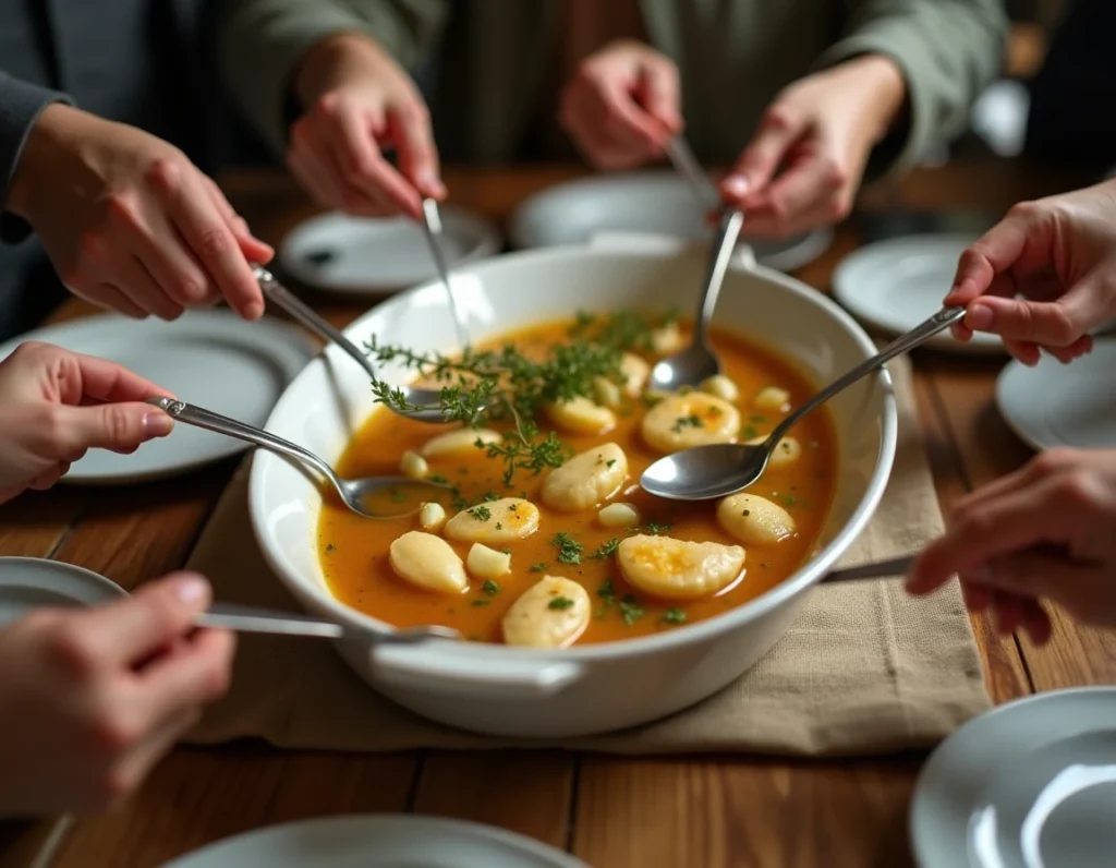 Tablée conviviale autour d'un plat de paupiettes de veau sans lactose en bouillon aux herbes lors d'un dîner entre amis