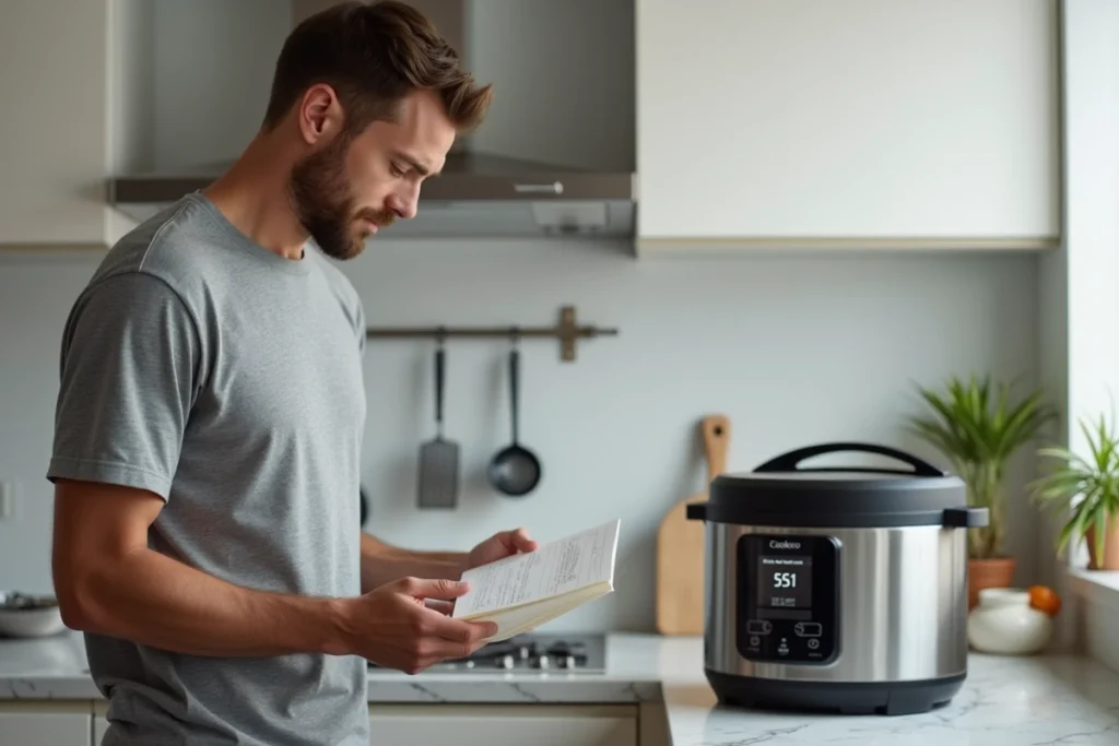Homme débutant consultant une recette de rôti de porc à côté d'un Cookeo en fonctionnement dans une cuisine moderne