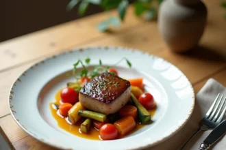 Paupiette de veau dressée sur assiette blanche avec légumes rôtis et jus sans lactose sur une table en chêne clair