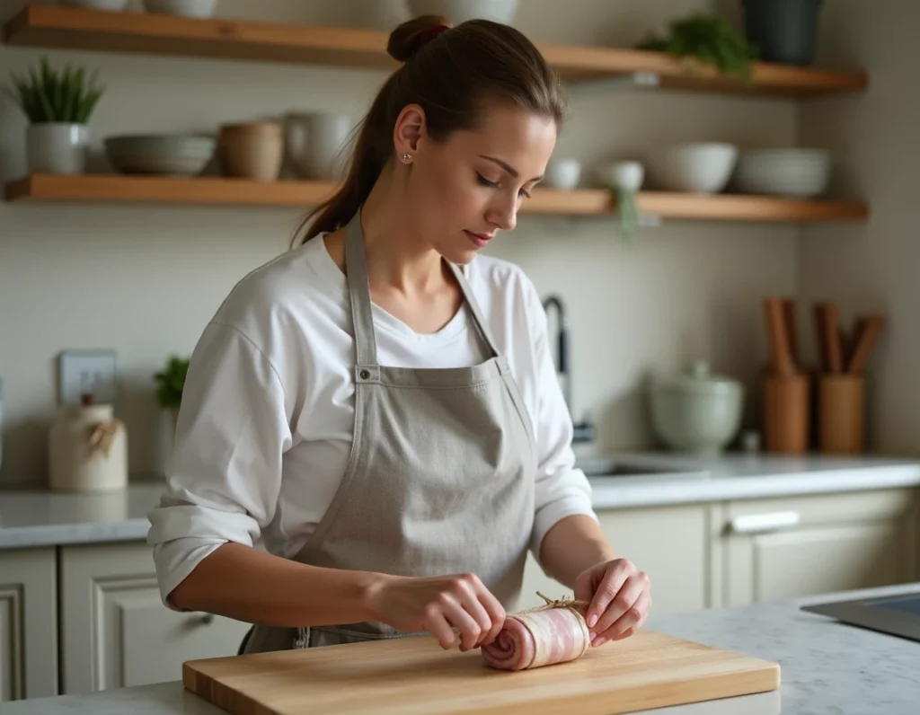 Femme en tablier gris préparant une paupiette de veau faite maison dans une cuisine moderne au plan de travail en marbre