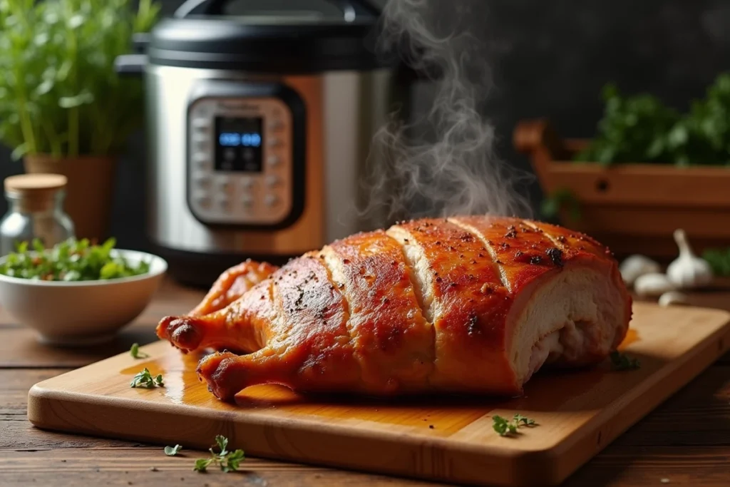 Rôti de porc doré et juteux sorti du Cookeo posé sur une planche en bois avec des herbes et de l'ail
