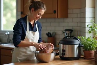 Femme débutante plaçant un rôti de porc dans un Cookeo sur un plan de travail en bois