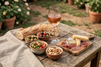 Plateau d'apéritif gourmand avec olives, fromages, charcuterie et verre de rosé sur une table en bois rustique en terrasse