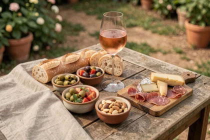 Plateau d'apéritif gourmand avec olives, fromages, charcuterie et verre de rosé sur une table en bois rustique en terrasse