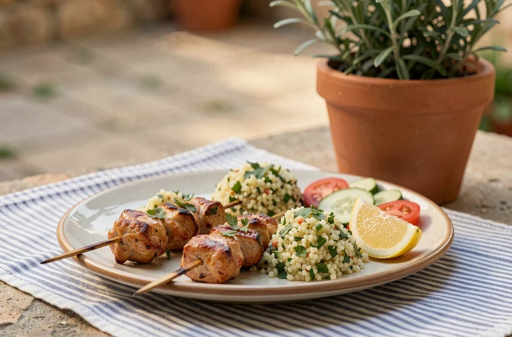Assiette de brochettes de poulet marinées accompagnées de salade de couscous aux herbes et de concombre frais dans un cadre méditerranéen en terrasse