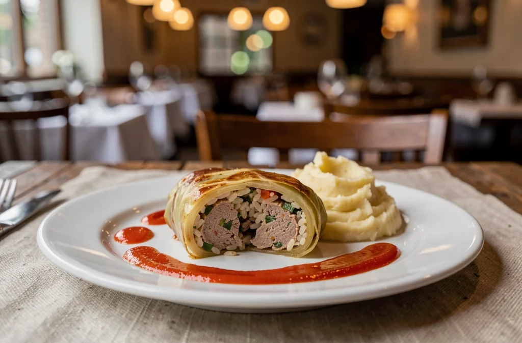 Assiette de chou farci tranché révélant sa garniture de viande et riz, servi avec purée et coulis de tomate dans un bistro français