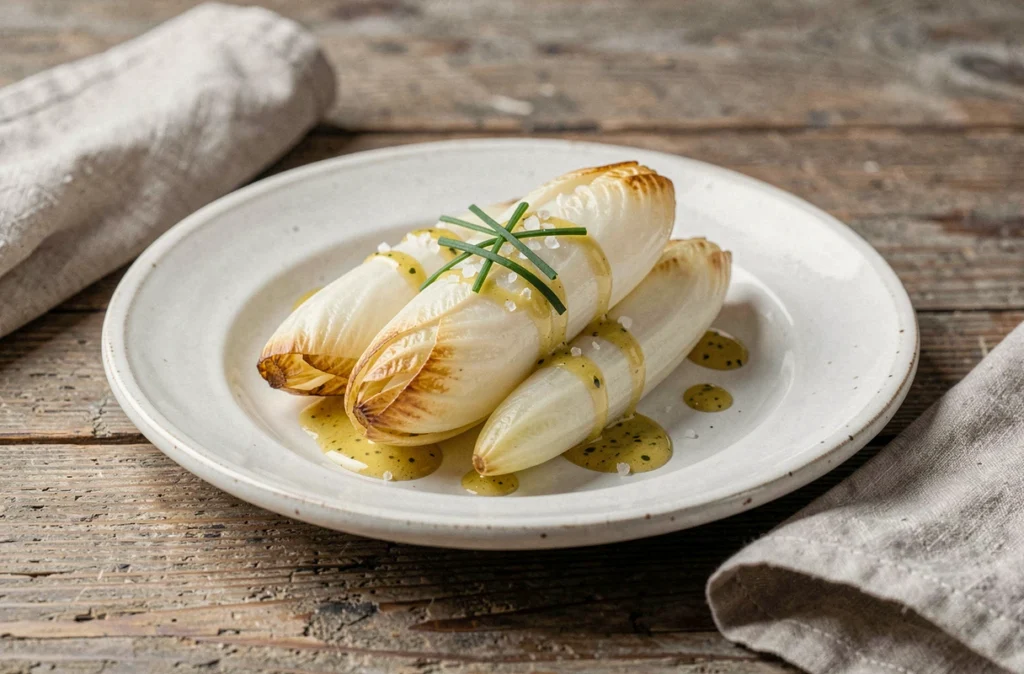 Assiette d'endives cuites à la vapeur nappées de vinaigrette moutardée et garnies de ciboulette sur une table en chêne rustique