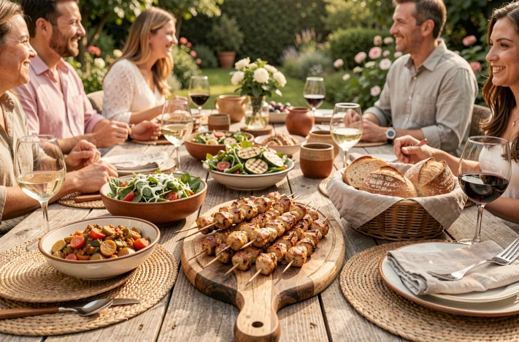 Table de barbecue conviviale en jardin avec des brochettes de poulet marinées et des accompagnements comme la ratatouille, la salade verte et des légumes grillés