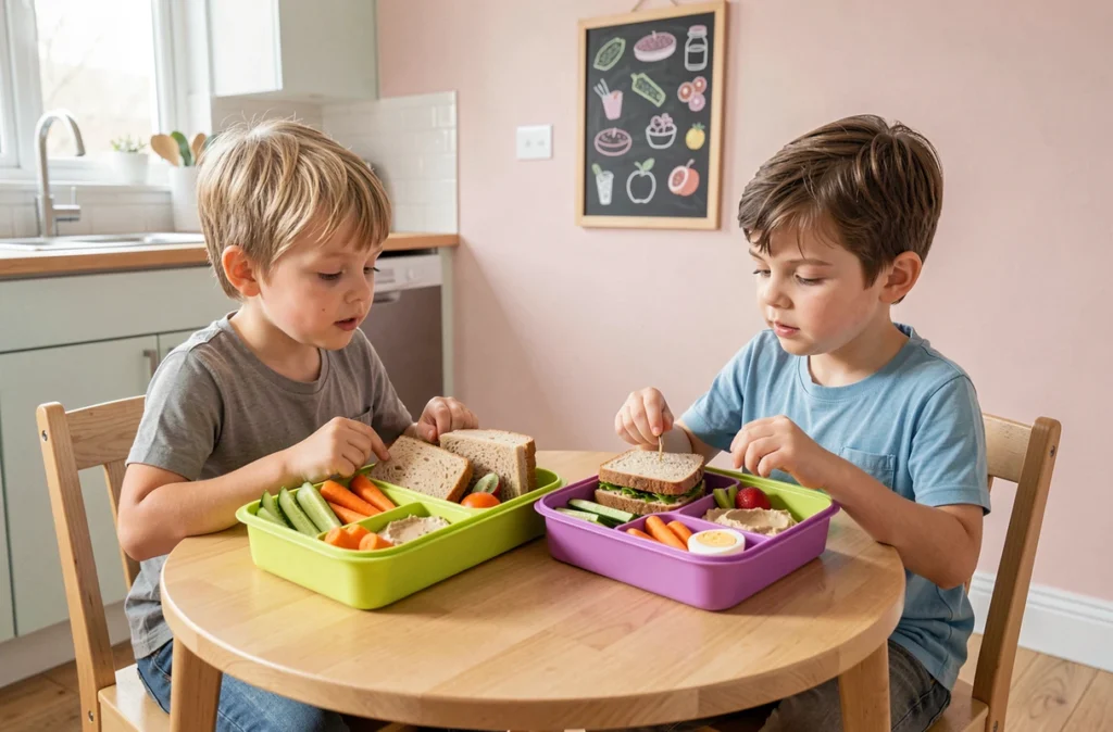 Deux enfants découvrant leur boîte repas équilibrée avec sandwichs complets, légumes crus, hummus et fruits au déjeuner