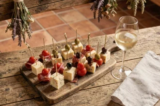 Planche de brochettes apéritives avec fromage, olives et charcuterie accompagnées d'un verre de vin blanc frais