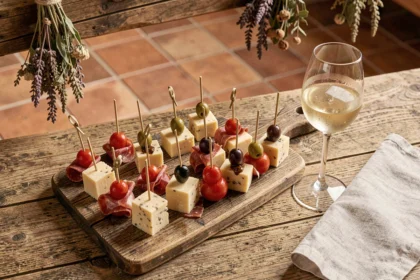 Planche de brochettes apéritives avec fromage, olives et charcuterie accompagnées d'un verre de vin blanc frais