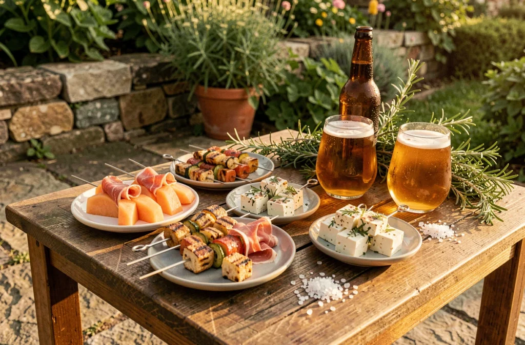 Table d'apéritif en terrasse avec brochettes melon-prosciutto et feta marinée accompagnées de bières artisanales ambrées
