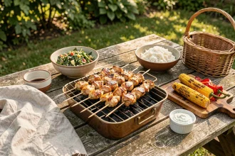 Brochettes de poulet marinées grillées au barbecue entourées d'accompagnements estivaux comme le taboulé, le maïs grillé et le tzatziki sur une table en bois rustique