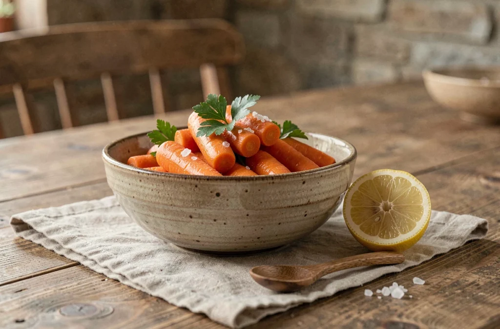 Bol de carottes cuites garnies de persil et de fleur de sel sur une table en bois rustique