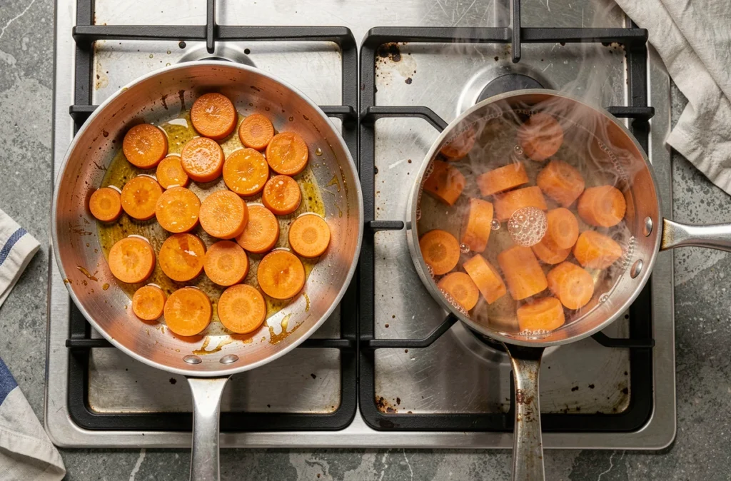 Comparaison de carottes cuites à la poêle et à l'eau dans deux casseroles sur une cuisinière