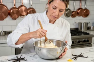 Cheffe pâtissière préparant une crème pâtissière légère dans un bol en inox sur un plan de travail en marbre