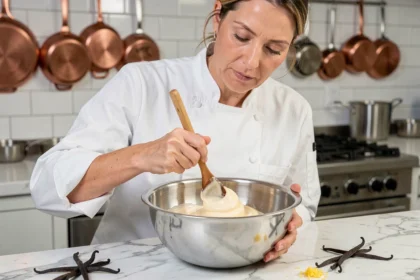 Cheffe pâtissière préparant une crème pâtissière légère dans un bol en inox sur un plan de travail en marbre
