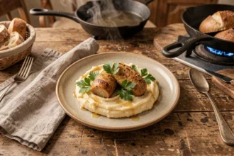 Assiette de crépinettes express dorées servies avec de la purée maison sur une table en bois rustique dans une cuisine française