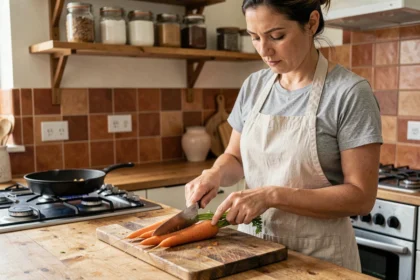 Femme qui coupe des carottes fraîches sur une planche en bois dans une cuisine rustique