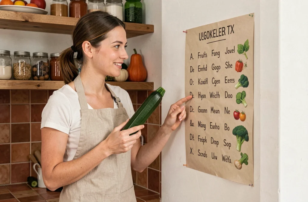 Femme tenant une courgette et pointant un tableau alphabet fruits légumes en Z dans une cuisine familiale