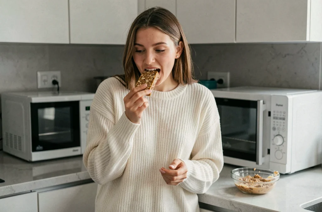 Femme qui mange une barre de céréales aux flocons d'avoine faite maison dans une cuisine moderne
