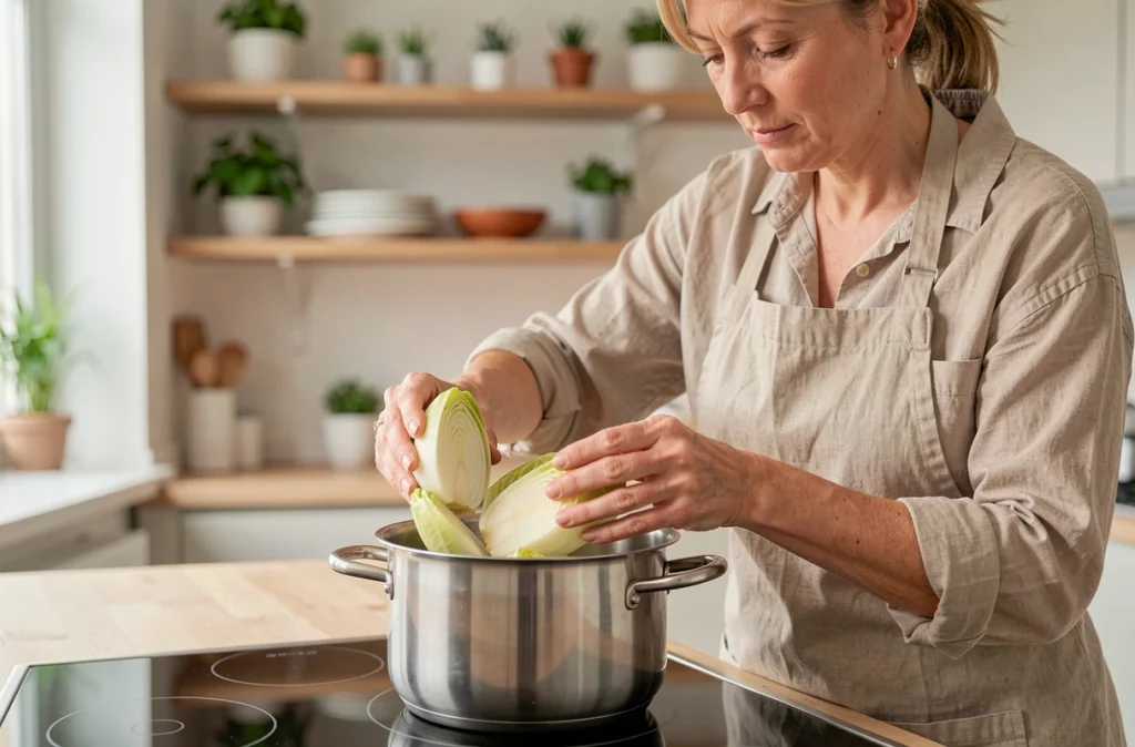 Femme en tablier de lin plaçant des endives coupées dans un cuit-vapeur en inox sur une plaque à induction dans une cuisine scandinave