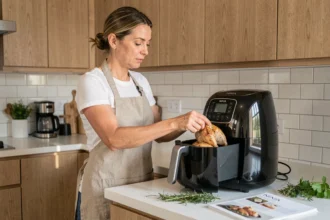 Femme préparant une recette dans une air fryer Ninja avec un livret de recettes imprimé posé sur le plan de travail