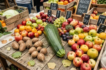 Étale de marché avec courgette et fruits en Z entourés de fruits et légumes de A à Z sur table en bois rustique