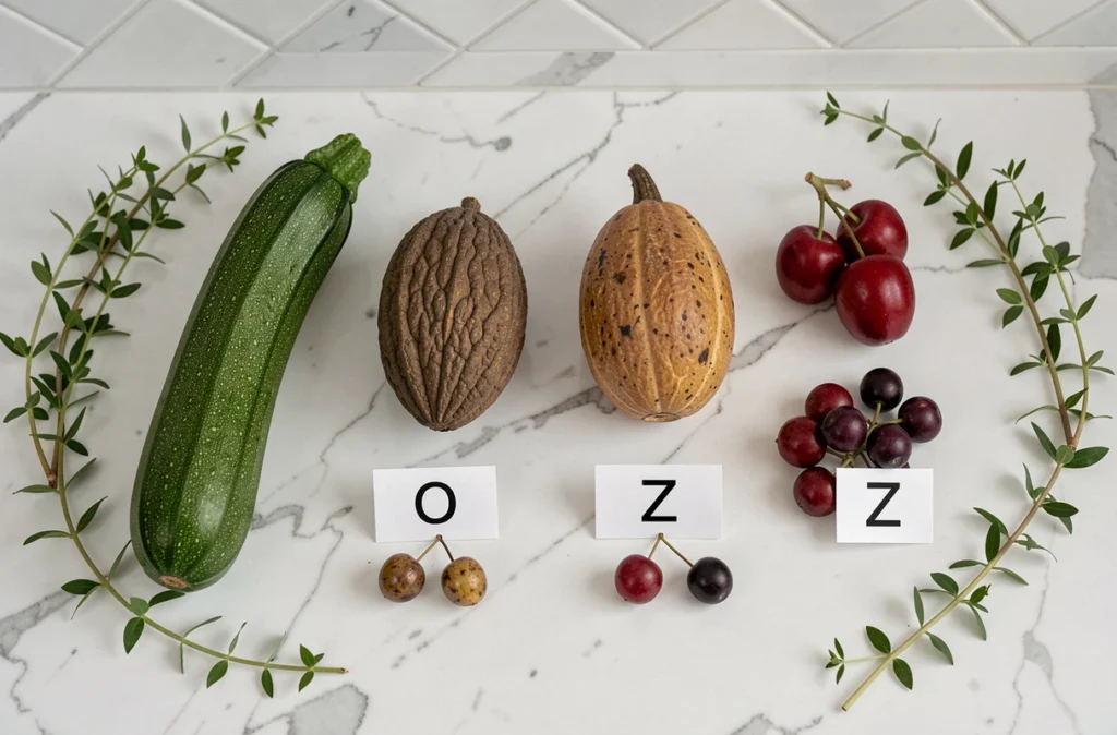 Assortiment de fruits et légumes en Z dont courgette, zapote et ziziphus sur marbre blanc avec fiches alphabet