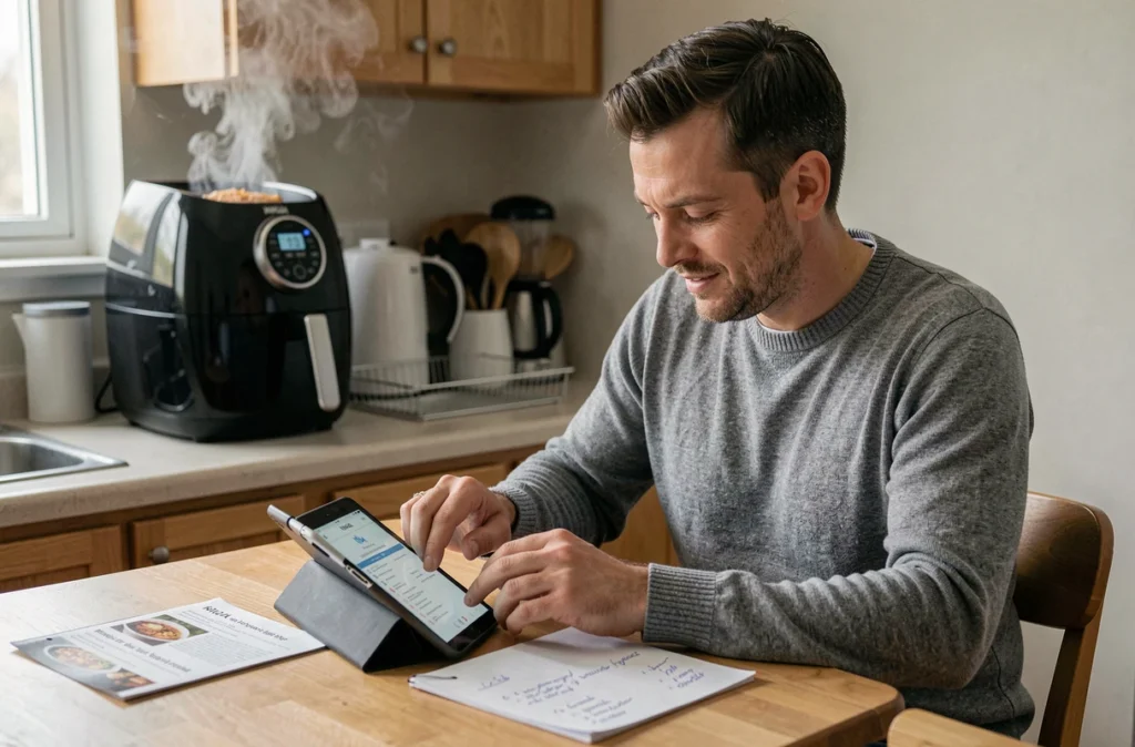 Homme consultant un PDF de recettes air fryer Ninja sur tablette avec un livret imprimé annoté à côté