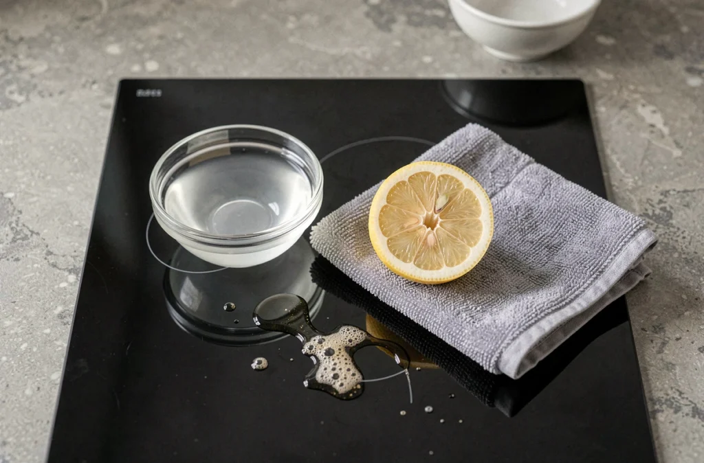 Ingrédients naturels pour nettoyer une plaque vitrocéramique : vinaigre blanc, citron et chiffon microfibre