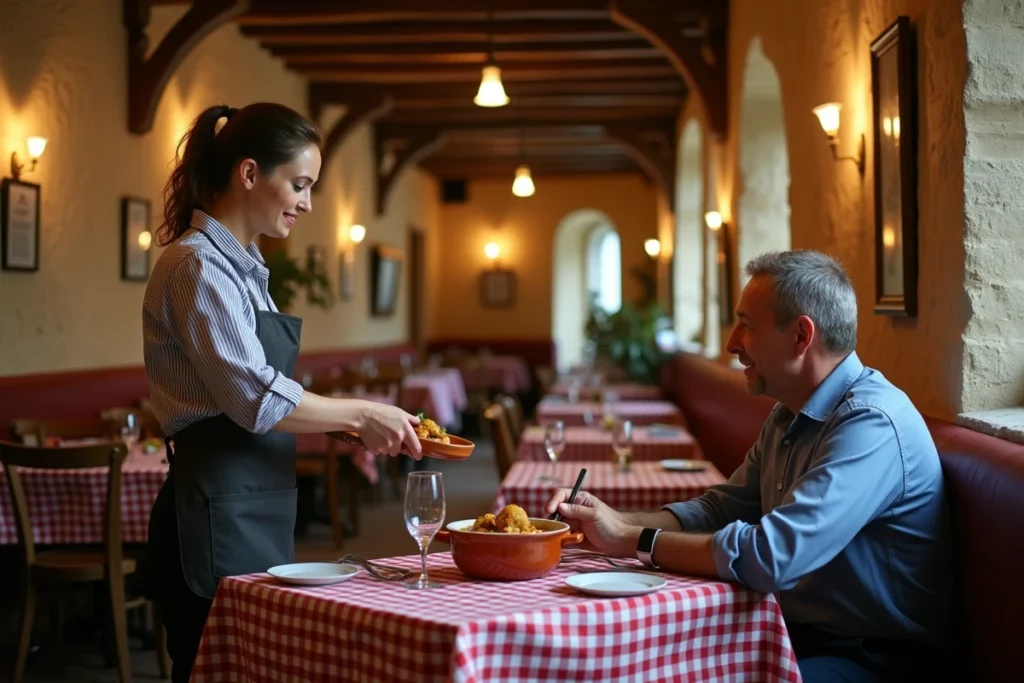 Serveuse présentant un cassoulet traditionnel à un client dans un restaurant authentique au décor en pierre de Carcassonne