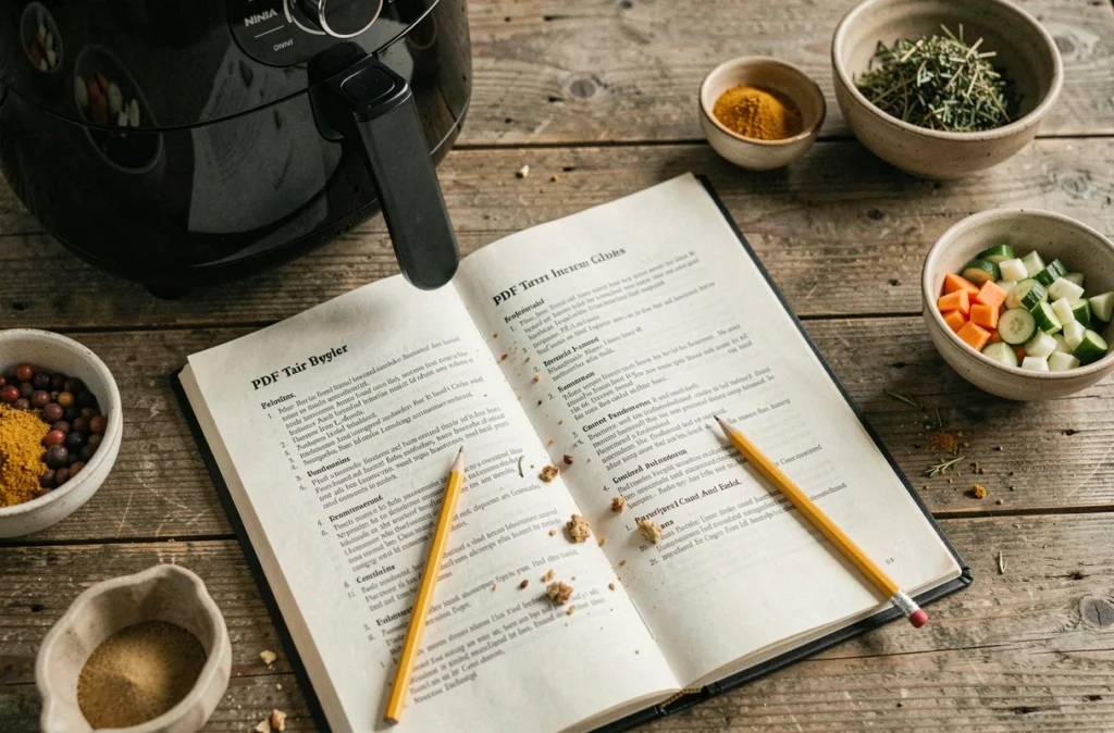 Livret de recettes air fryer Ninja imprimé en PDF ouvert sur une table en bois avec des ingrédients autour