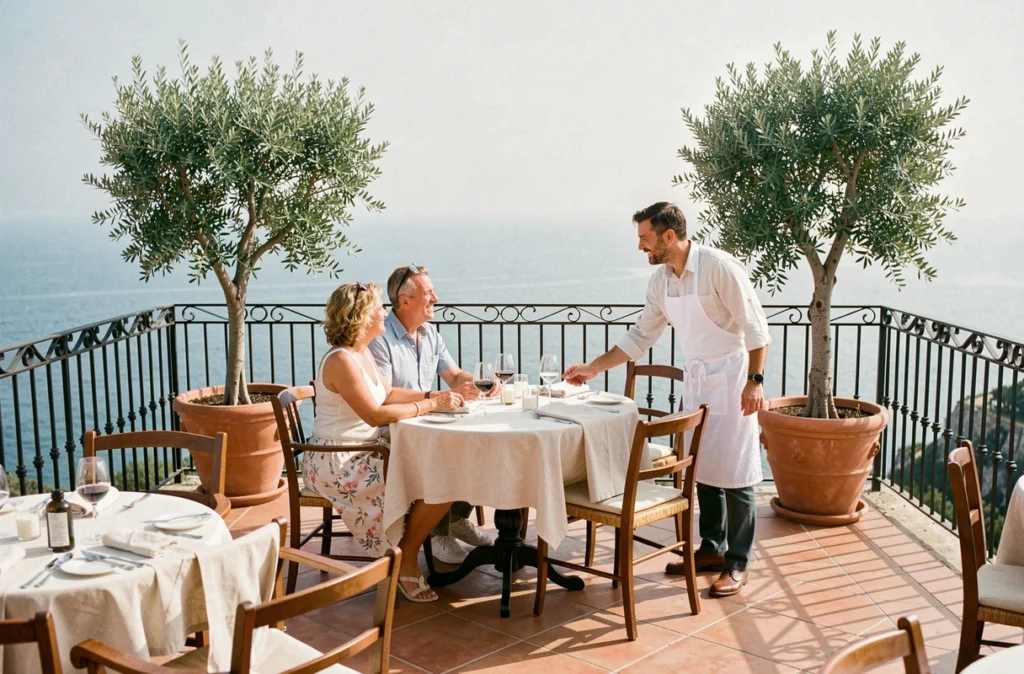 Couple installé à la meilleure table en terrasse vue mer par un serveur dans un restaurant méditerranéen