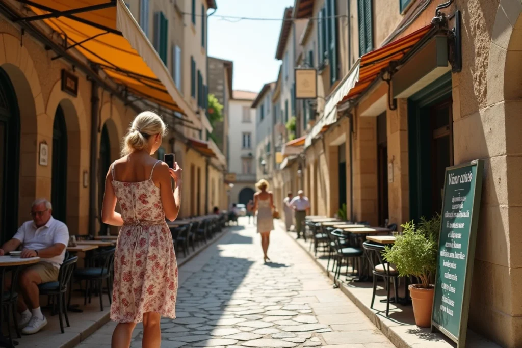 Touriste photographiant le menu d'un petit bistro local dans une ruelle médiévale de Carcassonne entourée de restaurants touristiques