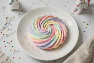 Meringue crotte de licorne multicolore sur assiette blanche avec paillettes comestibles et décoration arc-en-ciel