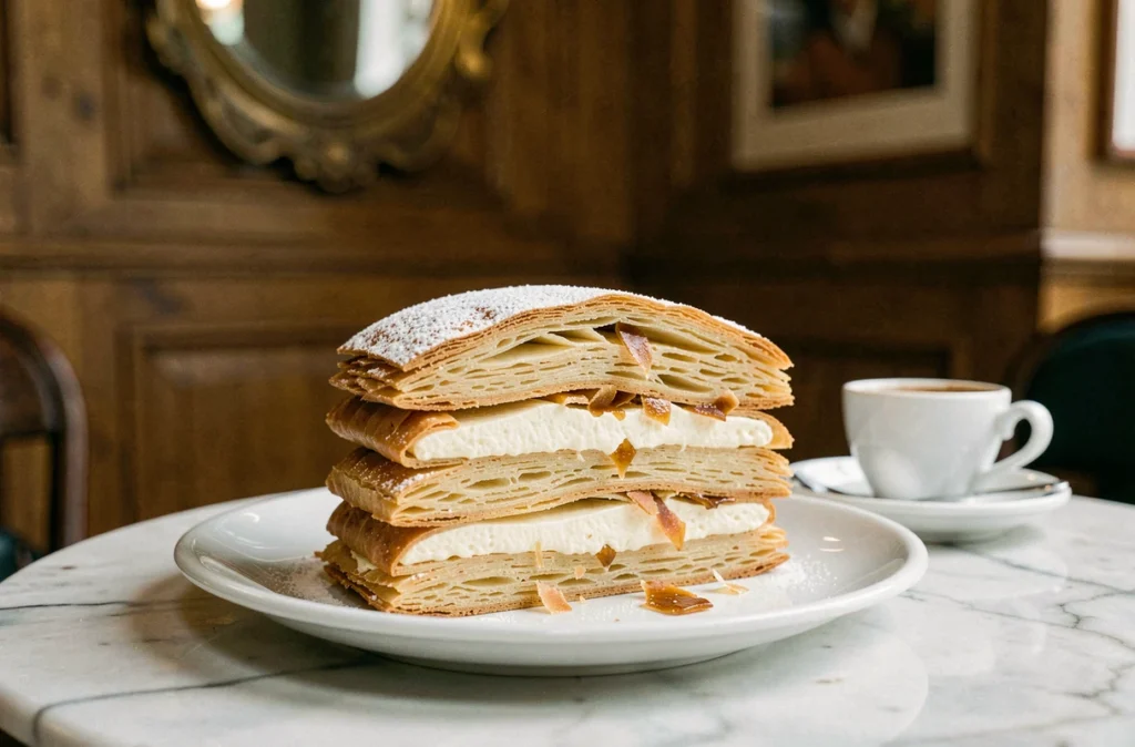 Mille-feuille à la crème pâtissière légère coupé en tranches sur une table de café parisien