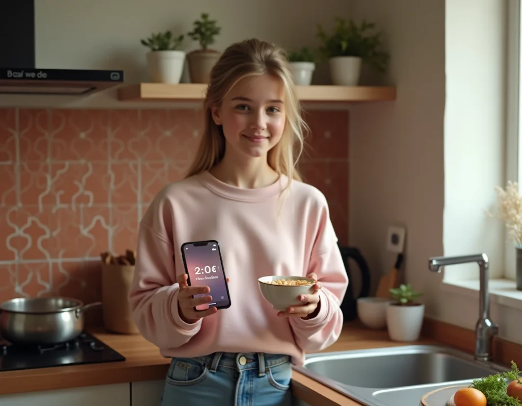 Adolescente débutante en cuisine utilisant un minuteur cuisson en ligne sur smartphone pour préparer une recette dans une petite cuisine d'appartement