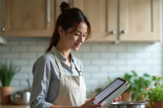 Jeune femme débutante en cuisine consultant un minuteur cuisson en ligne sur tablette tout en surveillant une casserole sur le feu