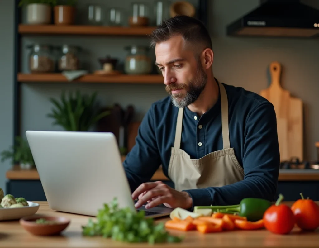 Homme adulte utilisant un minuteur cuisson en ligne sur ordinateur portable entouré d'ingrédients frais sur un îlot de cuisine