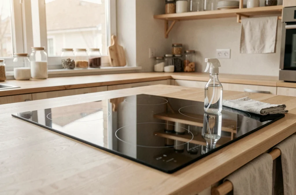 Plaque vitrocéramique propre et brillante après nettoyage naturel dans une cuisine style scandinave