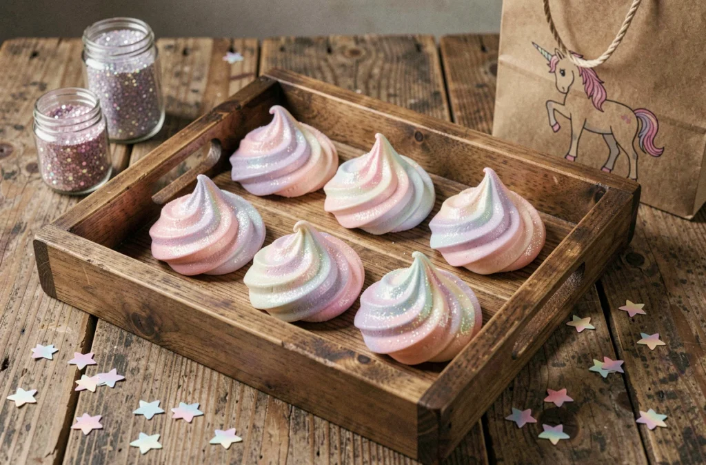 Plateau rustique avec six meringues crottes de licorne aux couleurs pastel et décoration de paillettes comestibles