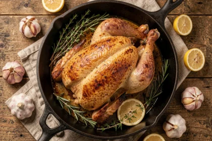 Poulet entier rôti doré dans une cocotte en fonte avec herbes fraîches et citron, vue de dessus, sur table en bois rustique