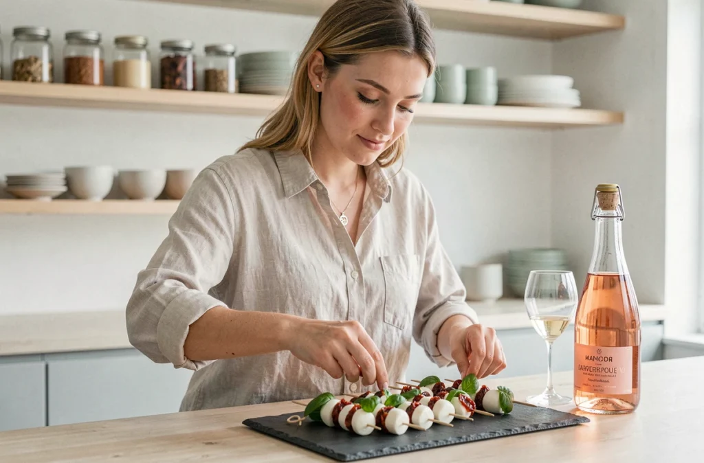 Femme préparant des brochettes caprese apéritives à côté d'une carafe de rosé pétillant dans une cuisine moderne