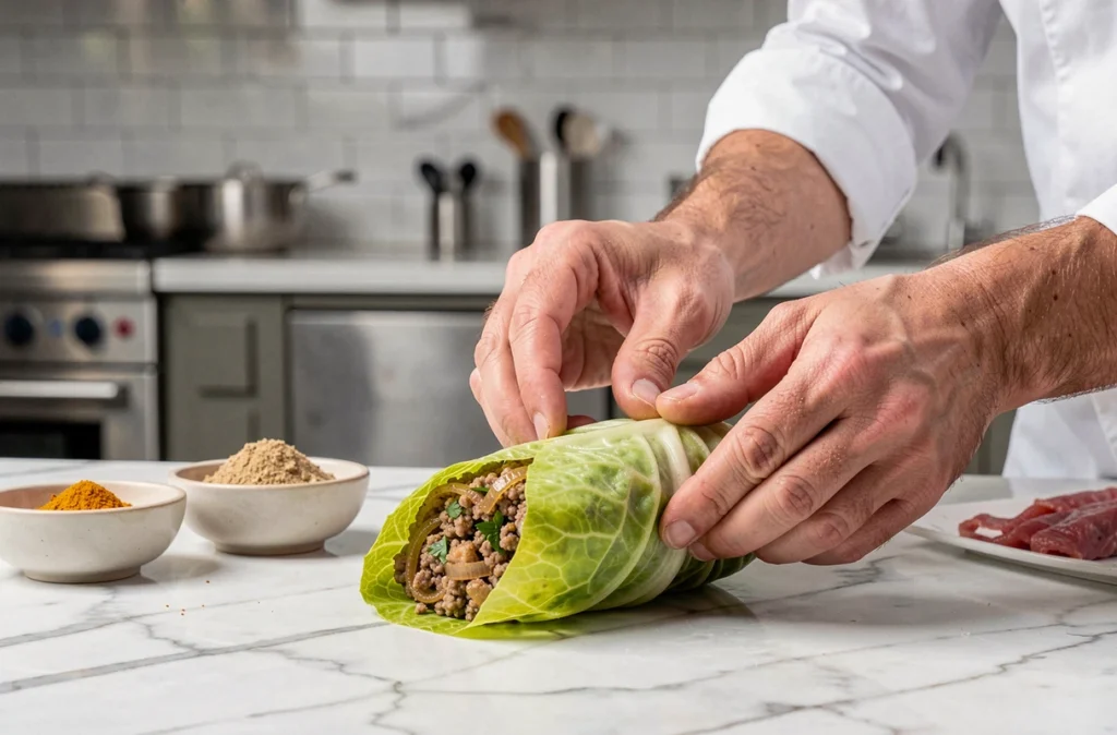 Mains de chef préparant un rouleau de chou farci sur un plan de travail en marbre avec des épices et ingrédients frais autour