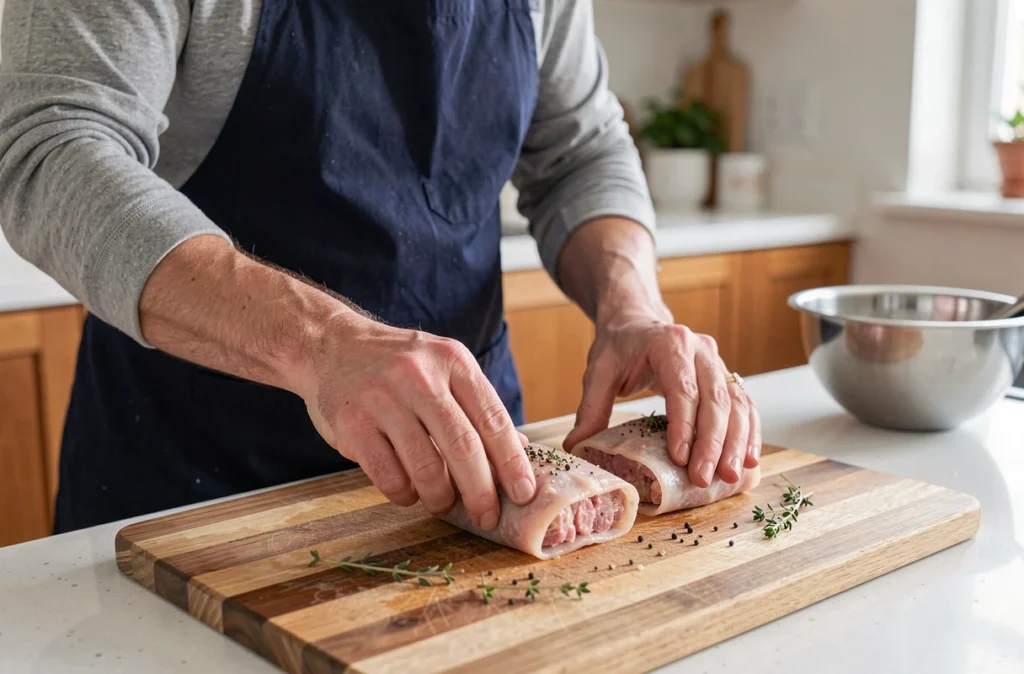 Préparation artisanale de crépinettes enveloppées dans la crépine sur une planche à découper dans une cuisine domestique moderne