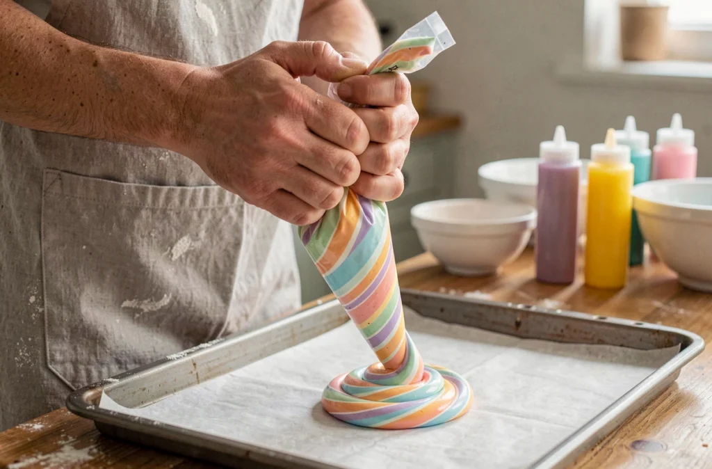 Mains de boulangère pochant une meringue arc-en-ciel en forme de crotte de licorne sur plaque de cuisson